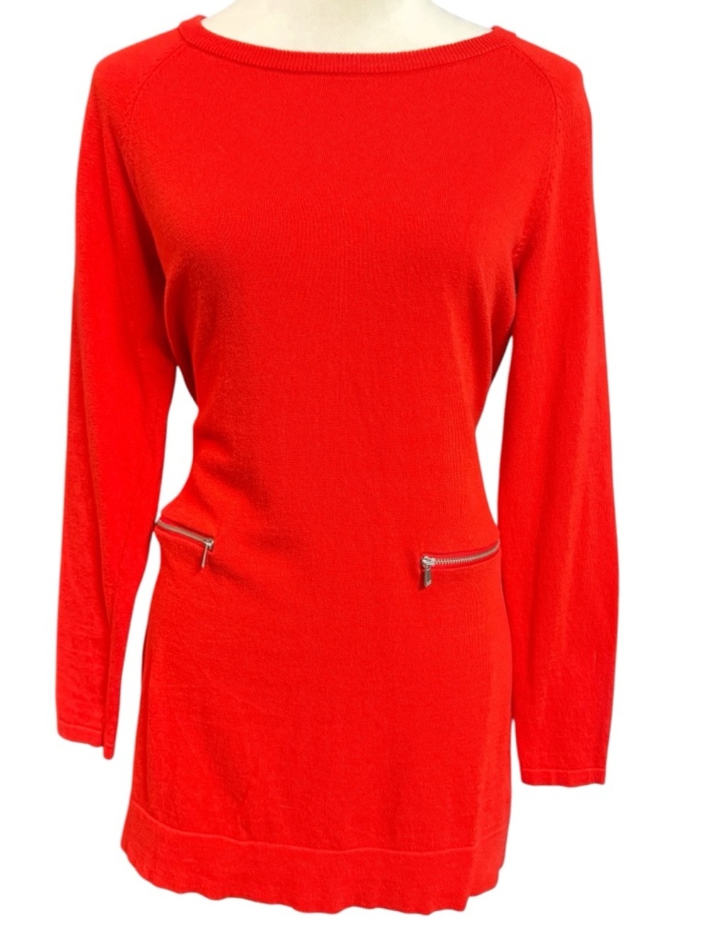 Michael Kors Bright Red Long-Sleeve Knit Tunic with Zip Detail